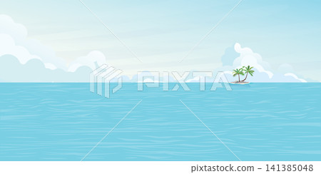 Seascape and blue sky with small island flat design. Tropical sea and tourism concept vector illustration. Seascape and blue sky with small island flat design. Tropical sea and tourism concept vector illustration. 141385048