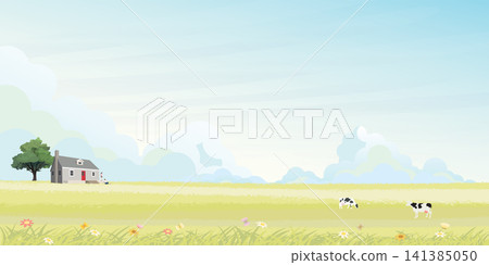 Country house with man and woman in grass field have blue sky background. Countryside life concept vector illustration. Country house with man and woman in grass field have blue sky background. Countryside life concept vector illustration. 141385050