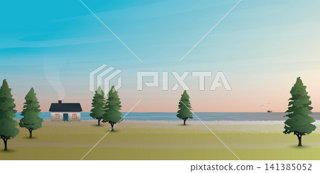 Tiny house in grass field at the edge of cliffs have fishing boat in the sea and dramatic sky behind vector illustration. Seascape concept with blank space flat design. Tiny house in grass field at the edge of cliffs have fishing boat in the sea and dramatic sky behind vector illustration. Seascape concept with blank space flat design. 141385052
