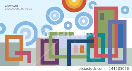 Abstract colorful geometric skyscrapers in sunny day vector illustration. Brutalist poster design template layout retro style. Abstract colorful geometric skyscrapers in sunny day vector illustration. Brutalist poster design template layout retro style. 141385056