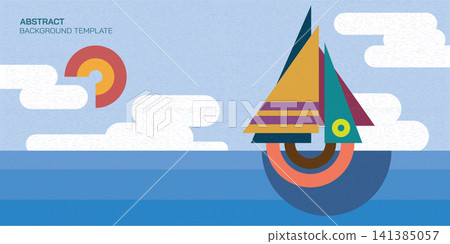 Abstract colorful geometric seascape with sailboat vector illustration. Brutalist tropical blue sea poster design template layout retro style. Abstract colorful geometric seascape with sailboat vector illustration. Brutalist tropical blue sea poster design template layout retro style. 141385057