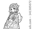 Anime-style coloring book illustration of a girl wearing a kimono 141385072