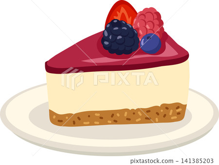 Berry Cheesecake Slice with Fresh Fruit Topping on Plate 141385203