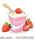 Strawberry yogurt in a plastic cup with a wooden spoon vector illustration. 141385302