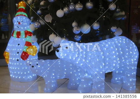 Lighted snowman and polar bears Christmas display Lighted snowman and polar bears Christmas display 141385556