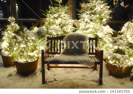 A welcoming wooden bench draped with a soft sheepskin sits A welcoming wooden bench draped with a soft sheepskin sits 141385705