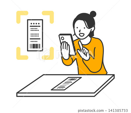 一幅年輕女子用智慧型手機掃描收據以記錄家庭開支的插圖被用來推廣一款家庭預算應用程式。 一幅年輕女子用智慧型手機掃描收據以記錄家庭開支的插圖被用來推廣一款家庭預算應用程式。 141385733
