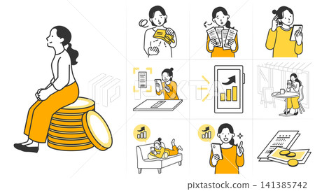 A set of illustrations featuring a woman enjoying household budgeting and saving, along with her smartphone and receipts. Ideal for promoting investment and budgeting apps. 141385742