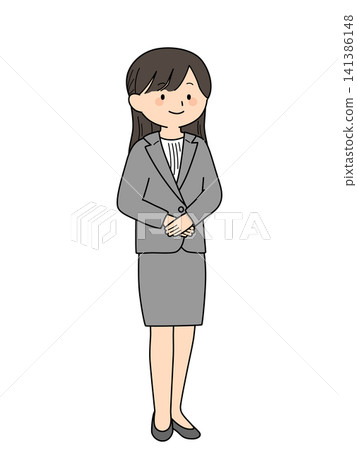 A full-body illustration of a female office worker in a suit standing with a smile. 141386148