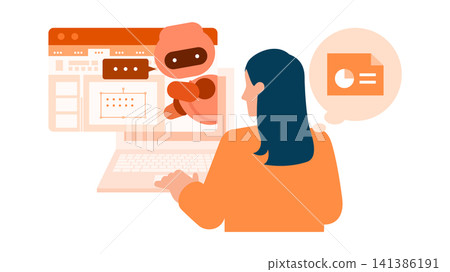 An illustration of a woman working with an AI assistant to plan her slides using presentation software. An illustration of a woman working with an AI assistant to plan her slides using presentation software. 141386191
