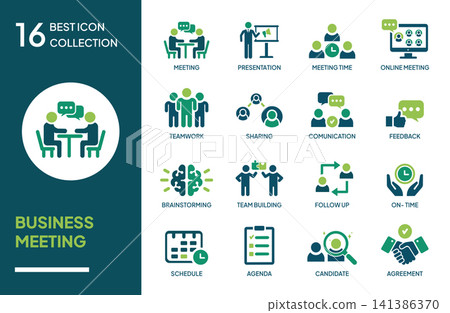 Set of Business Meeting Icon Concepts. Modern flat vector collection. Suitable for website, mobile app, user interface, presentation, infographic, dashboard, and digital design projects. Set of Business Meeting Icon Concepts. Modern flat vector collection. Suitable for website, mobile app, user interface, presentation, infographic, dashboard, and digital design projects. 141386370