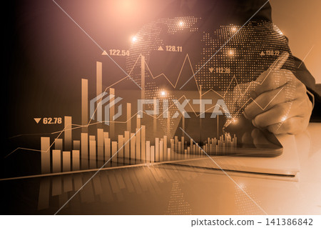 Business man on digital stock market financial indicator background. Digital business and stock market financial indicator on LED. Double exposure of business man and digital stock market financial. 141386842