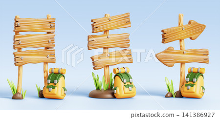 Hiking trail sign posts 3d set with travel backpack for outdoor navigation. Wooden arrow signposts, directional boards with grass, stones and trekking equipment for park and camping. 3D illustration Hiking trail sign posts 3d set with travel backpack for outdoor navigation. Wooden arrow signposts, directional boards with grass, stones and trekking equipment for park and camping. 3D illustration 141386927