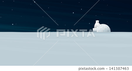 Night at North Pole with snowfall have polar bear discovering igloo. Northern arctic landscape vector illustration. Life in the north in the ice flat design. Night at North Pole with snowfall have polar bear discovering igloo. Northern arctic landscape vector illustration. Life in the north in the ice flat design. 141387463