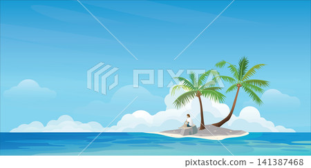 Small tropical island and palm trees with a shipwrecked man flat design. Travel concept vector illustration background with blank space. Small tropical island and palm trees with a shipwrecked man flat design. Travel concept vector illustration background with blank space. 141387468
