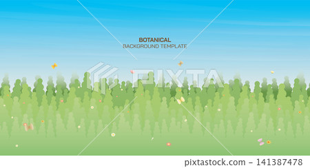 Grass field flat design vector illustration have blank space for any wording advertisement. Botanical concept background. Grass field flat design vector illustration have blank space for any wording advertisement. Botanical concept background. 141387478