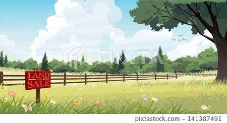 Land for sale sign in countryside fields landscape with clouds and blue sky background vector illustration. Real estate and property concept. 141387491