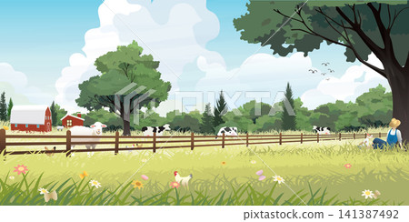 Livestock landscape have farmer sleeping under the big tree with his dog vector illustration. Rural farm flat design for eco or daily products advertisement. Livestock landscape have farmer sleeping under the big tree with his dog vector illustration. Rural farm flat design for eco or daily products advertisement. 141387492