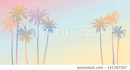 Colorful palm trees with surrealistic sky background vector illustration. Summer traveling and party at the beach paetel colors concept flat design with blank space. Colorful palm trees with surrealistic sky background vector illustration. Summer traveling and party at the beach paetel colors concept flat design with blank space. 141387507
