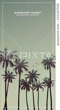 Palm trees silhouette with sunset sky background vertical vector illustration. Summer traveling and party at the beach concept vintage style with blank space. 141387509