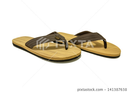 Wooden Flip Flops Isolated on White Background, Eco Summer Sandals Mockup Wooden Flip Flops Isolated on White Background, Eco Summer Sandals Mockup 141387638