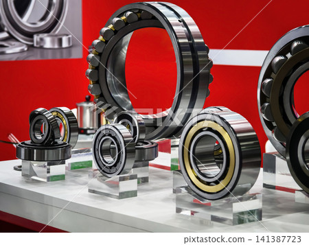 Display of various ball bearings in a trade show setting with red background and bright lighting showcasing products 141387723