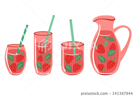 Strawberry lemonade vector set. Summer drinks in ribbed glasses with straws and pitcher with berry juice, strawberries and mint isolated on white background. Refreshing beverage clipart for cafe menu Strawberry lemonade vector set. Summer drinks in ribbed glasses with straws and pitcher with berry juice, strawberries and mint isolated on white background. Refreshing beverage clipart for cafe menu 141387844