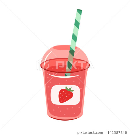 Strawberry smoothie vector illustration. Refreshing summer drink in plastic takeaway cup with dome lid, striped straw and label isolated on white background. Fruit beverage clipart for menu and cafe Strawberry smoothie vector illustration. Refreshing summer drink in plastic takeaway cup with dome lid, striped straw and label isolated on white background. Fruit beverage clipart for menu and cafe 141387846