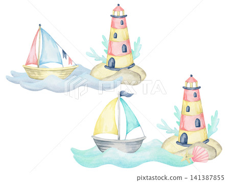 Blue and yellow sailboats with pink lighthouses and aqua foliage, watercolor illustration set for nursery prints, invitations, packaging, stationery and childrens products Blue and yellow sailboats with pink lighthouses and aqua foliage, watercolor illustration set for nursery prints, invitations, packaging, stationery and childrens products 141387855