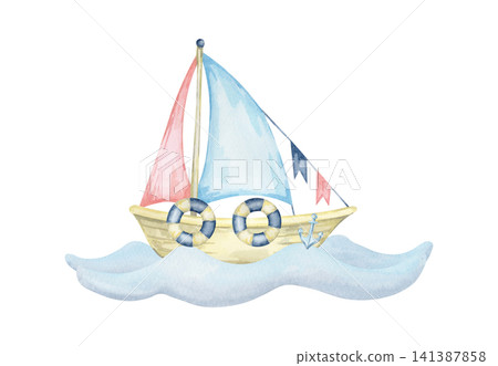Blue and pink sailboat with lifebuoys on gentle waves, watercolor illustration suitable for nursery prints, baby invitations, educational materials, stickers, packaging and stationery 141387858