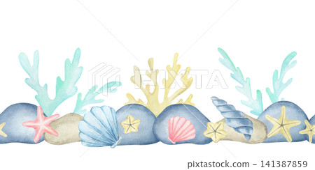 Blue seashells, pink starfish, yellow coral, aqua algae and gray pebbles, watercolor illustration seamless border for nursery wall art, children's textiles, invitations, packaging and baby products. Blue seashells, pink starfish, yellow coral, aqua algae and gray pebbles, watercolor illustration seamless border for nursery wall art, children's textiles, invitations, packaging and baby products. 141387859