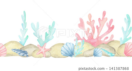 Pink coral, aqua algae, blue seashells, beige pebbles and starfish, watercolor illustration seamless border suitable for nursery prints, fabric, packaging, greeting cards, labels and baby decor. 141387868