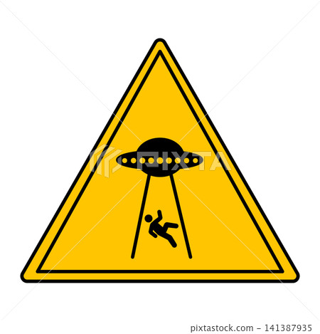 UFO Abducts Human From Earth Yellow Sign. Vector Icon. Spaceship. Warning Road Sign UFO Abducts Human From Earth Yellow Sign. Vector Icon. Spaceship. Warning Road Sign 141387935