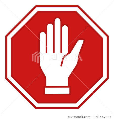 Red Stop Sign. Prohibitory Road Sign. Human Hand Raised Up. Vector Icon 141387987