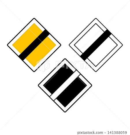 Signs End of Priority Road. Road Signs. Crossed Out Yellow Diamond. Black and White Vector Icons Signs End of Priority Road. Road Signs. Crossed Out Yellow Diamond. Black and White Vector Icons 141388059
