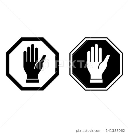 Stop Signs. Prohibitory Road Sign. Human Hand Raised Up. Black and White Vector Icons Stop Signs. Prohibitory Road Sign. Human Hand Raised Up. Black and White Vector Icons 141388062