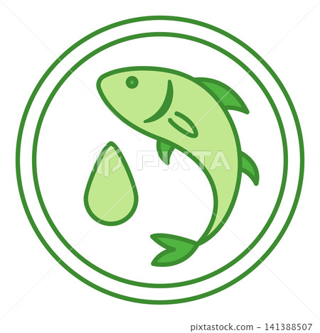 Green Icon of Omega 3 Fatty Acids. Vector Icon. Sea Fish and Drop of Oil. Label for Medicine and Food Packaging Green Icon of Omega 3 Fatty Acids. Vector Icon. Sea Fish and Drop of Oil. Label for Medicine and Food Packaging 141388507