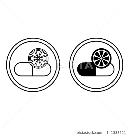 High Potency Vitamin C Icons. Black and White Vector Icons. Vitamin Capsule and Half Lemon. Label for Medicine and Food Packaging High Potency Vitamin C Icons. Black and White Vector Icons. Vitamin Capsule and Half Lemon. Label for Medicine and Food Packaging 141388511