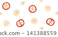 Seamless pattern of mangosteen halves and white segments. Repeating pattern cross and longitudinal sections mangosteen. Seamless background with tropical fruit mangosteen  141388559