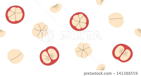 Seamless pattern of mangosteen halves and white segments. Repeating pattern cross and longitudinal sections mangosteen. Seamless background with tropical fruit mangosteen  141388559