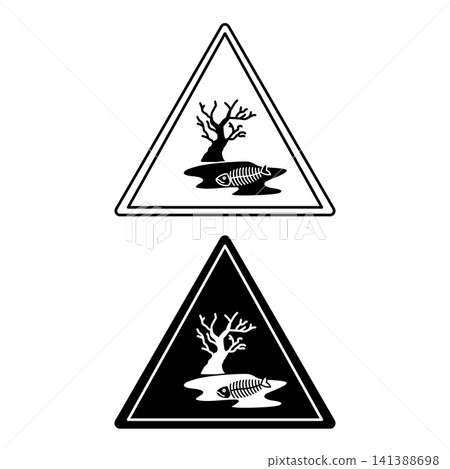 Signs Dangerous for Environment. Black and White Vector Icons. Dried Tree and Fish Skeleton in a Puddle. Environmental pollution. Danger Warning Sign Signs Dangerous for Environment. Black and White Vector Icons. Dried Tree and Fish Skeleton in a Puddle. Environmental pollution. Danger Warning Sign 141388698