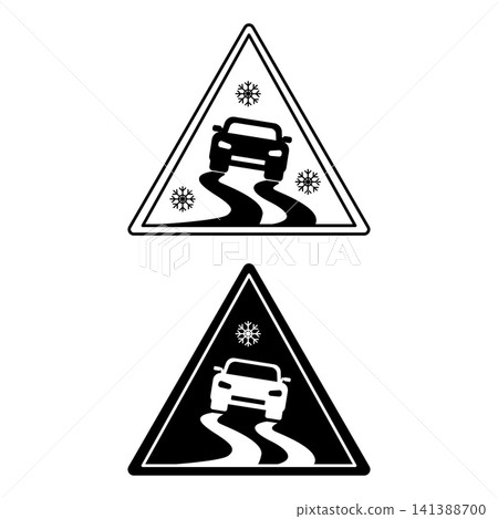 Slippery Road Signs. Black and White Vector Icons. The car is driving on a slippery road. Danger Warning Sign Slippery Road Signs. Black and White Vector Icons. The car is driving on a slippery road. Danger Warning Sign 141388700
