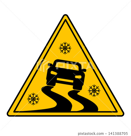 Yellow Slippery Road Sign. Vector Icon. The car is driving on a slippery road. Danger Warning Sign Yellow Slippery Road Sign. Vector Icon. The car is driving on a slippery road. Danger Warning Sign 141388705