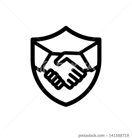 Handshake shield icon representing secure deal, trusted partnership, or contract protection. Minimalist black outline graphic. Handshake shield icon representing secure deal, trusted partnership, or contract protection. Minimalist black outline graphic. 141388719