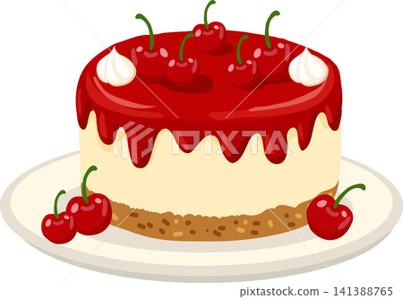 Cherry cake with glossy fruit topping on plate colorful Cherry cake with glossy fruit topping on plate colorful 141388765