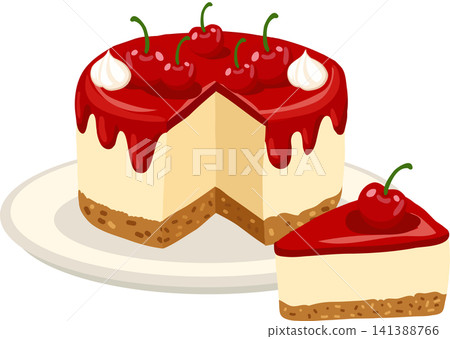 Cherry Cheesecake Slice and Whole Cake on Plate Cartoon Dessert Cherry Cheesecake Slice and Whole Cake on Plate Cartoon Dessert 141388766