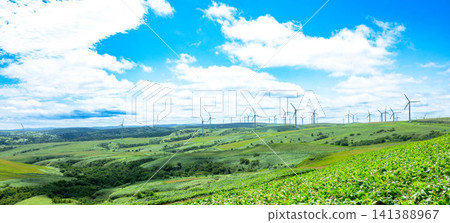 夏日景色,展現了位於北海道稚內市宗谷丘陵的日本最大的風力發電廠之一。 夏日景色,展現了位於北海道稚內市宗谷丘陵的日本最大的風力發電廠之一。 141388967