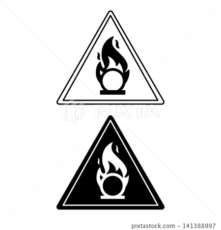 Oxidizer signs. Black and White Vector Icons. Combustible Substances and Chemicals that Oxidize. Danger Warning Sign Oxidizer signs. Black and White Vector Icons. Combustible Substances and Chemicals that Oxidize. Danger Warning Sign 141388997