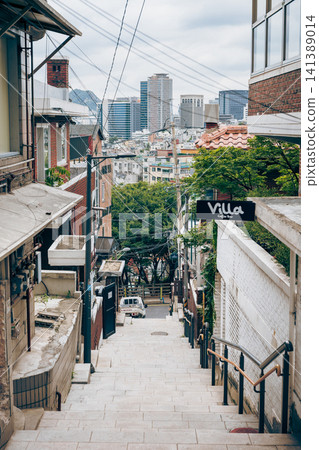 Stone steps in an alley in Haebangchon, Seoul Stone steps in an alley in Haebangchon, Seoul 141389014