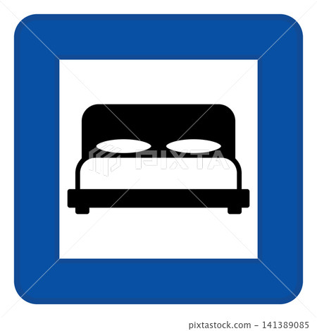 Blue Sign Motorway Hotel. Square Road Sign. Warning of Nearby Rest Hostel. Vector Icons Blue Sign Motorway Hotel. Square Road Sign. Warning of Nearby Rest Hostel. Vector Icons 141389085